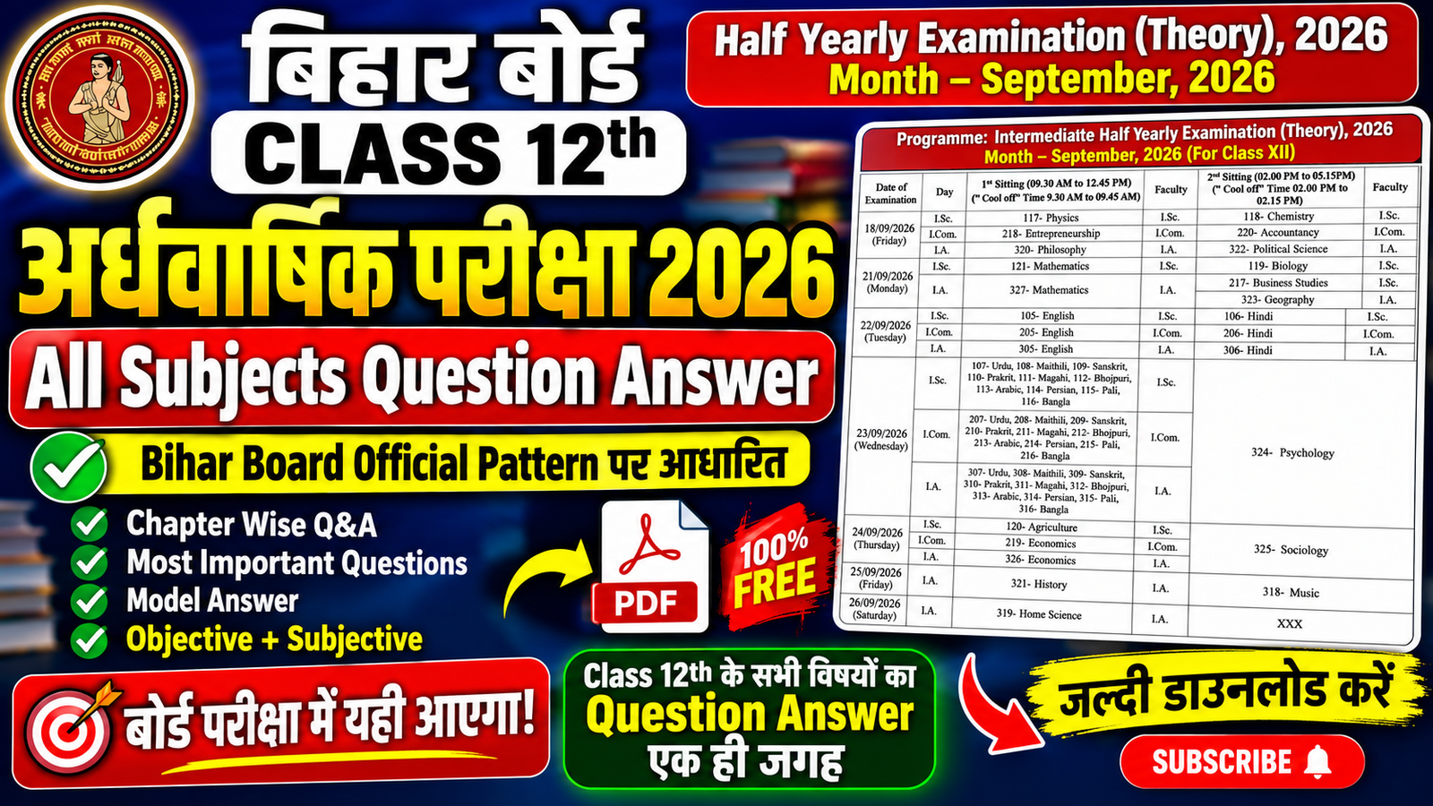 Class 12th Half Yearly Exam September 2026